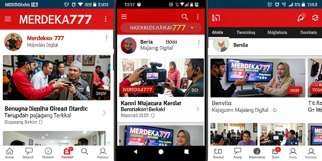 Tampilan antarmuka aplikasi Majalah Digital MERDEKA777 yang modern dan informatif.