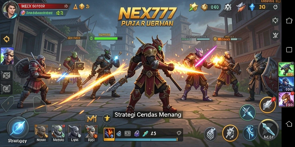 Antarmuka strategis NEX777 dengan karakter dan elemen pertarungan.